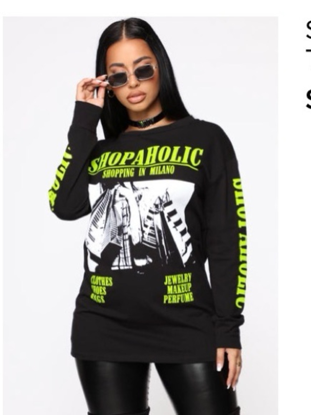 Fashion Nova Black Long Sleeve Graphic 'Shopaholic' Top with Neon Green Print